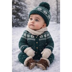 Tahari Boys Sz 18 Mo Fair Isle 2 Piece Sweater Winter Hat Set Holiday Xmas